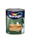 Färgburk med texten "Nordsjö Tinova Exterior" och bild på grönmålad fasad.