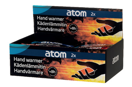 Förpackning med handvärmare från märket Atom, text på flera språk och en bild av händer.
