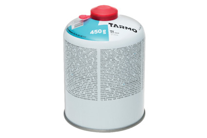 Gasbehållare med röd ventil och tryckt text, märkt "TARMO" och "450g".