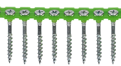 Bandade skruvar med stjärnformade huvuden och gröna plastfästen.