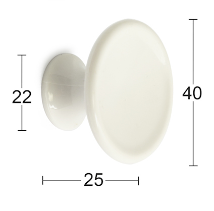 Vit rund knopp med dimensionerna: höjd 40 mm, bredd 25 mm, djup 22 mm.