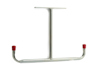 Metallisk takkrok med två böjda armar och röda skydd över ändarna.