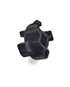 Svart plastkomponent med flera utstickande flikar och en hexagonformad mittdel.