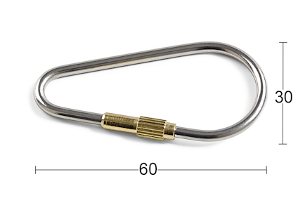 Metallkarbinhake med mässingslås, dimensioner 60x30 mm.
