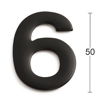Svart siffra 6 mot vit bakgrund med en linjal bredvid som visar 50.