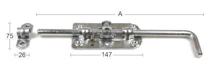 Metallås med skjutregel, monterad på rektangulär bas med dimensioner angivna i millimeter.