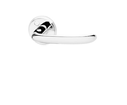 Kromat dörrhandtag med rund rosett, speglande finish.