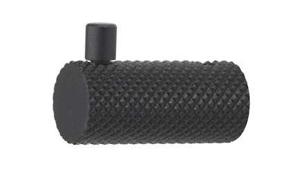 Svart, cylinderformad krok med texturerad yta och en liten knopp ovanpå.