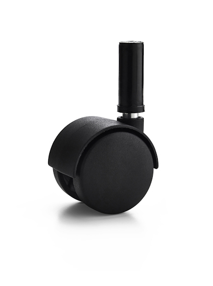 Svart möbelhjul med tapp, sett från sidan, mot en vit bakgrund.