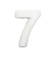Vit siffra "7" i tredimensionell stil på en vit bakgrund.