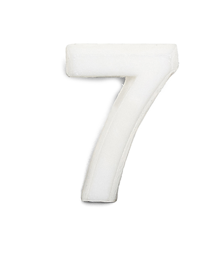 Vit siffra "7" i tredimensionell stil på en vit bakgrund.