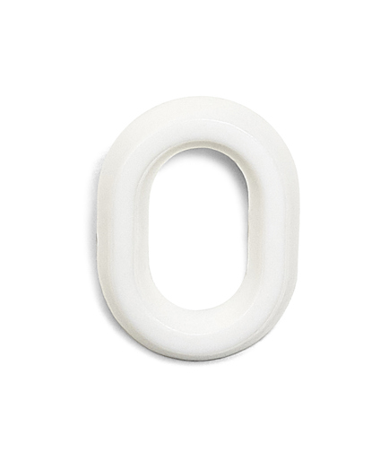 Vit, oval siffra 0 med en tredimensionell form.