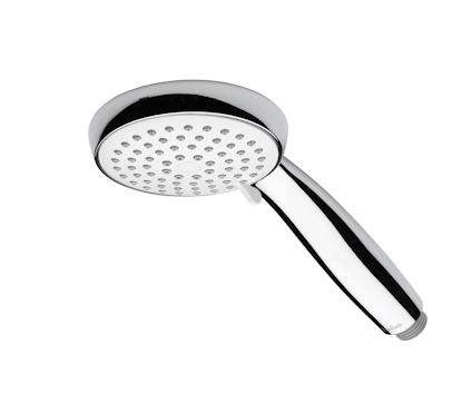Handdusch i krom med rund form och flera små hål för vattenutsläpp.