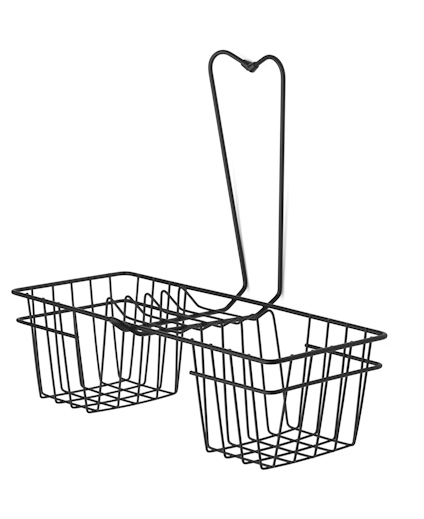 Svart trådkorg med två separata fack och ett handtag i mitten, står upprätt.