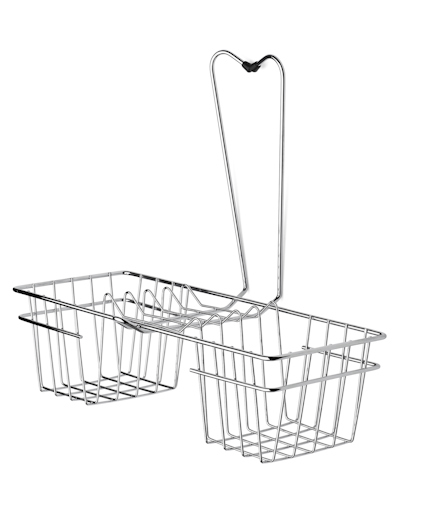 Kromfärgad trådkorg med två fack och ett handtag i mitten.
