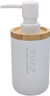 Vit tvålpump med trädetalj och texten "SOAP BATHROOM ACCESSORIES" på sidan.