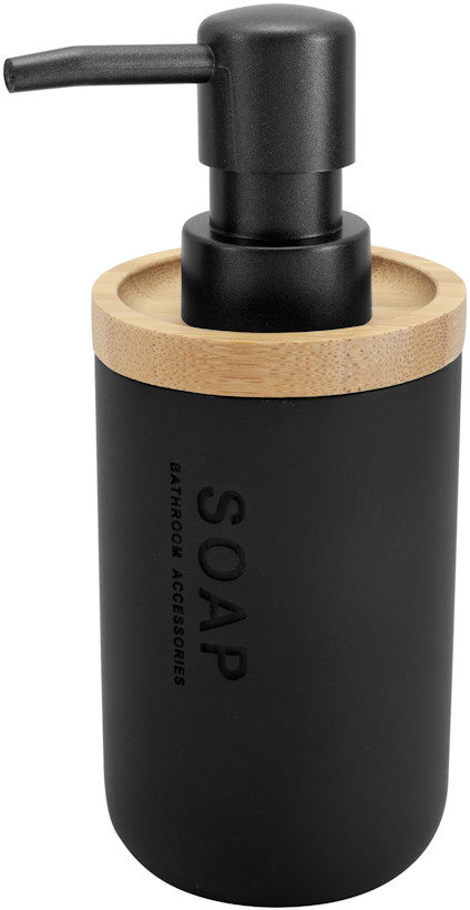 Svart tvålpump med texten "SOAP" och trädetaljer runt öppningen och pumpen.