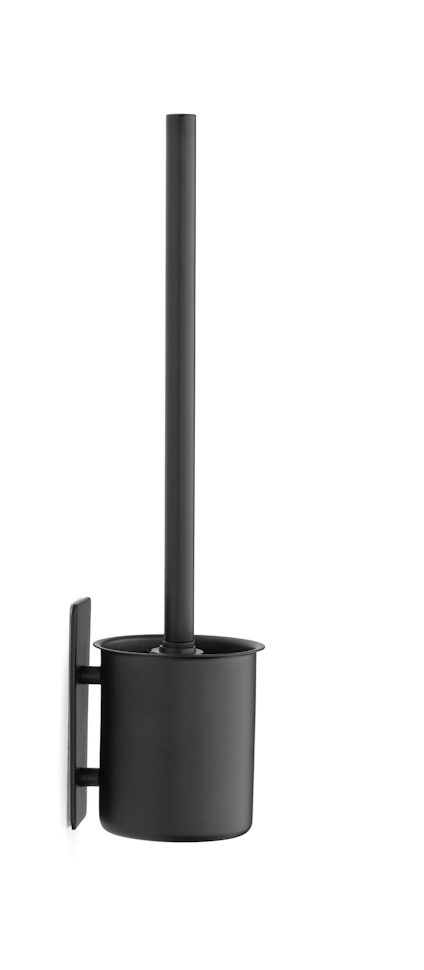 Svart toalettborsthållare med borste, monterad på en vägg. Minimalistisk design.