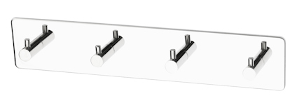 Rektangulär metallbräda med fyra cylindriska krokar i rad.