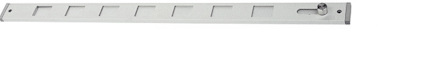 Aluminiumstång med rektangulära urtag och justerbar skruv i ena änden.