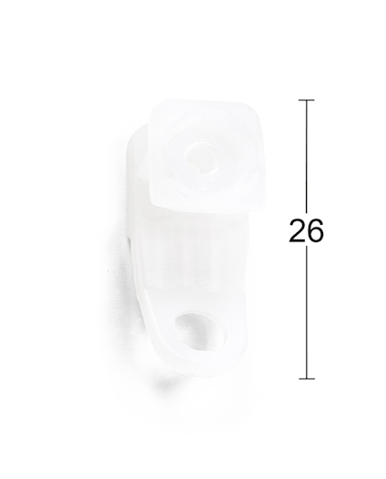 Vitt plastfäste med hål. Siffran "26" visas bredvid en linje.