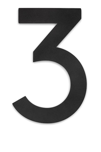 Svart siffra "3" med modern design på vit bakgrund.