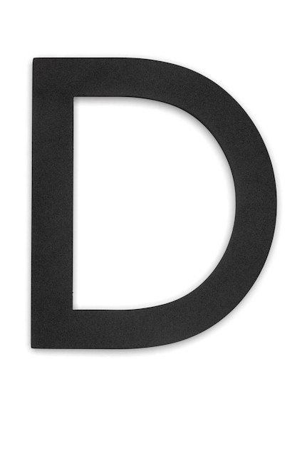 Svart bokstav "D" med enkel, ren design på vit bakgrund.