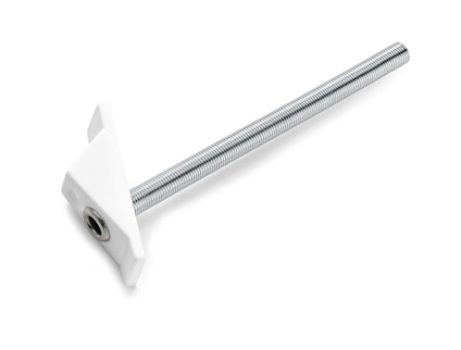 Vit snörledare med lång gängad metallstång och vit plastdel.