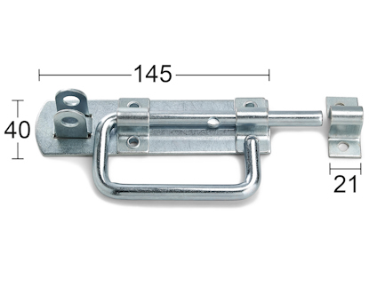 Metalldragregel med måtten 145 mm i längd och 40 mm i bredd. Stängd med en U-formad hasp.