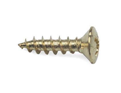 Metallisk träsksruv med försänkt huvud och stjärnformat skruvspår, liggande på vitt underlag.