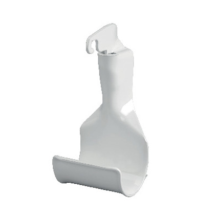 Vit klädstångshållare med krok för montering.