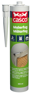 Vit tub med grön etikett märkt "Casco Målarfog" och bild av fogad dörrlist.