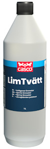 Flaska med svart lock och etikett märkt "LimTvätt" och varumärket "Casco", volym 1 liter.