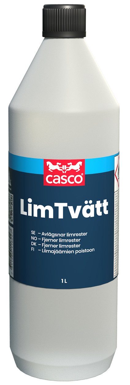 Flaska med svart lock och etikett märkt "LimTvätt" och varumärket "Casco", volym 1 liter.