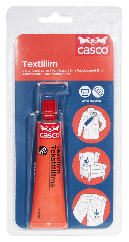 Förpackning med Casco textillim, innehållande en limtub och instruktioner för användning på textilier.