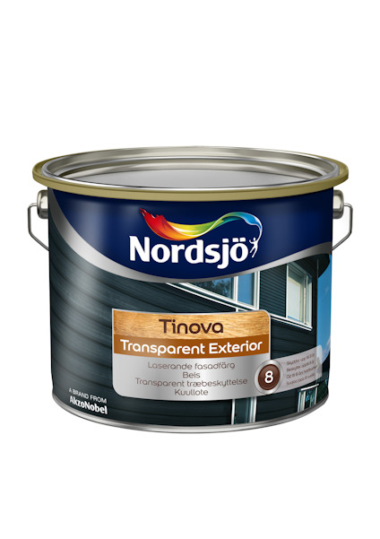 Färgburk Nordsjö Tinova Transparent Exterior, med etikett i blått och orange och en bild av en husfasad.