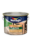Plåtburk med färgglad etikett, märkt "Nordsjö Tinova Traditional Allround Oil", med bild av uteplatsmöbler.