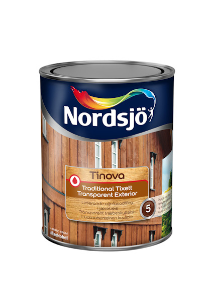 Burk med Nordsjö Tinova traditionell tixotrop lasyr, transparent exteriör.