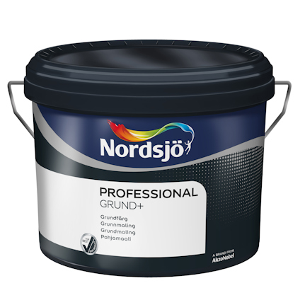 Hink med Nordsjö Professional Grund+ färg, svart lock, vit text och logotyp med färgband på blå etikett.