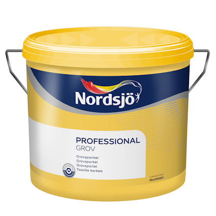 Hink med gult lock och etikett med texten "Nordsjö Professional Grovspackel".