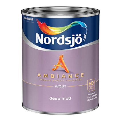 Färgburk med texten "Nordsjö Ambiance Premium Quality Collection" och "deep matt" i lila färgskala.