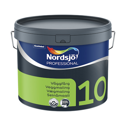 Färgbehållare med Nordsjö Professional etikett, grön dekor och text "Väggfärg" på flera språk.