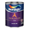 Färgbehållare med Nordsjö Ambiance Smooth Silk, lila etikett med logotyp och text om färgtyp och egenskaper.