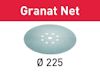 Sliprondell med hål; text "Granat Net" med röd bakgrund, samt "Ø 225" nedanför.