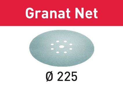 Sliprondell med hål; text "Granat Net" med röd bakgrund, samt "Ø 225" nedanför.