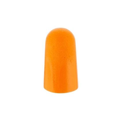 Orange hörselpropp mot vit bakgrund.