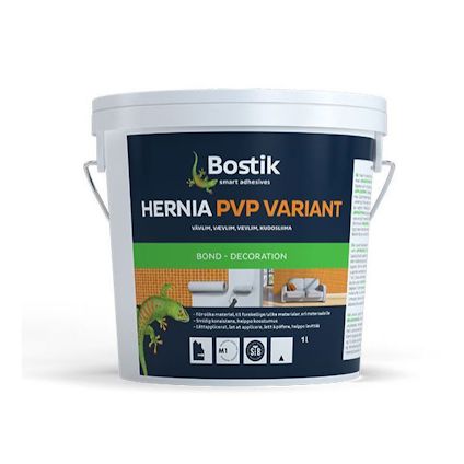 Förpackning av Bostik Hernia PVP Variant vävlim, vit hink med etikett och bärhandtag.