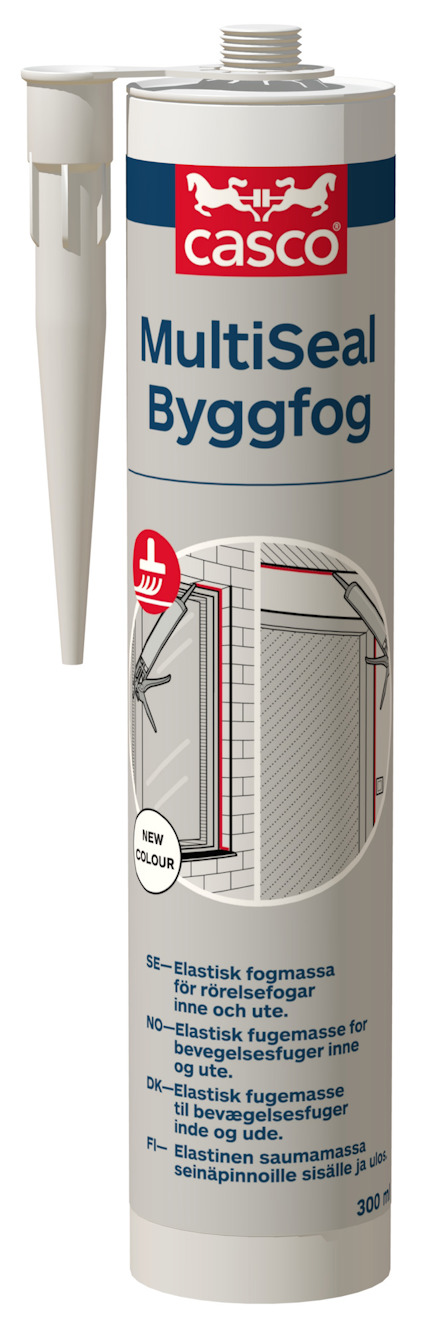 Patron av Casco MultiSeal Byggfog i vitt, med tillhörande munstycke. Etikett med grafik och text.