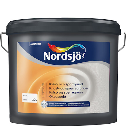 Färgbehållare med etikett från Nordsjö som visar texten "Kvist- och spärrgrund".