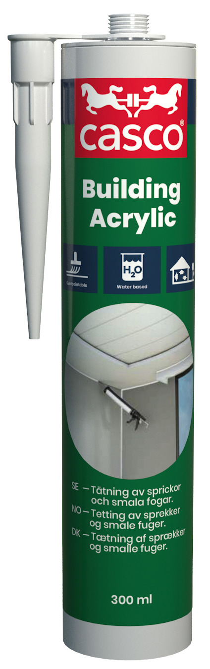 Cylinderformad förpackning med grön etikett, märkt "casco Building Acrylic". Inkluderar appliceringsmunstycke.